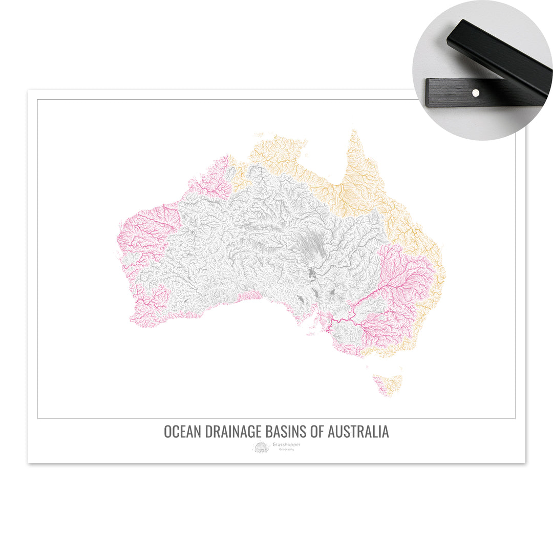Australia - Mapa de la cuenca hidrográfica del océano, blanco v1 - Impresión artística con colgador