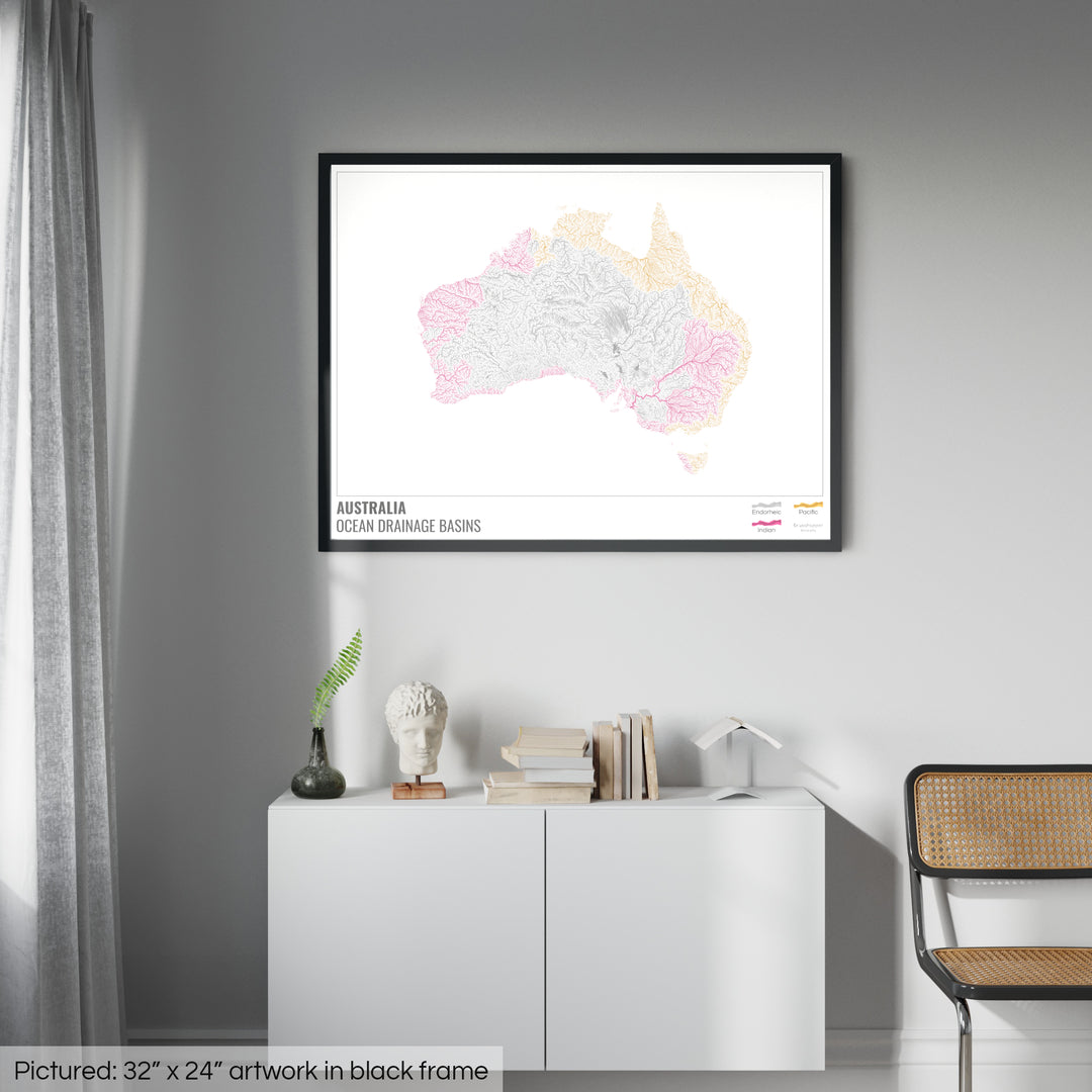 Australie - Carte des bassins hydrographiques océaniques, blanche avec légende v1 - Impression encadrée