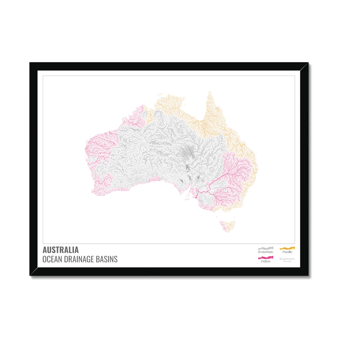 Australia - Ocean drainage basin map, white with legend v1 - Framed Print