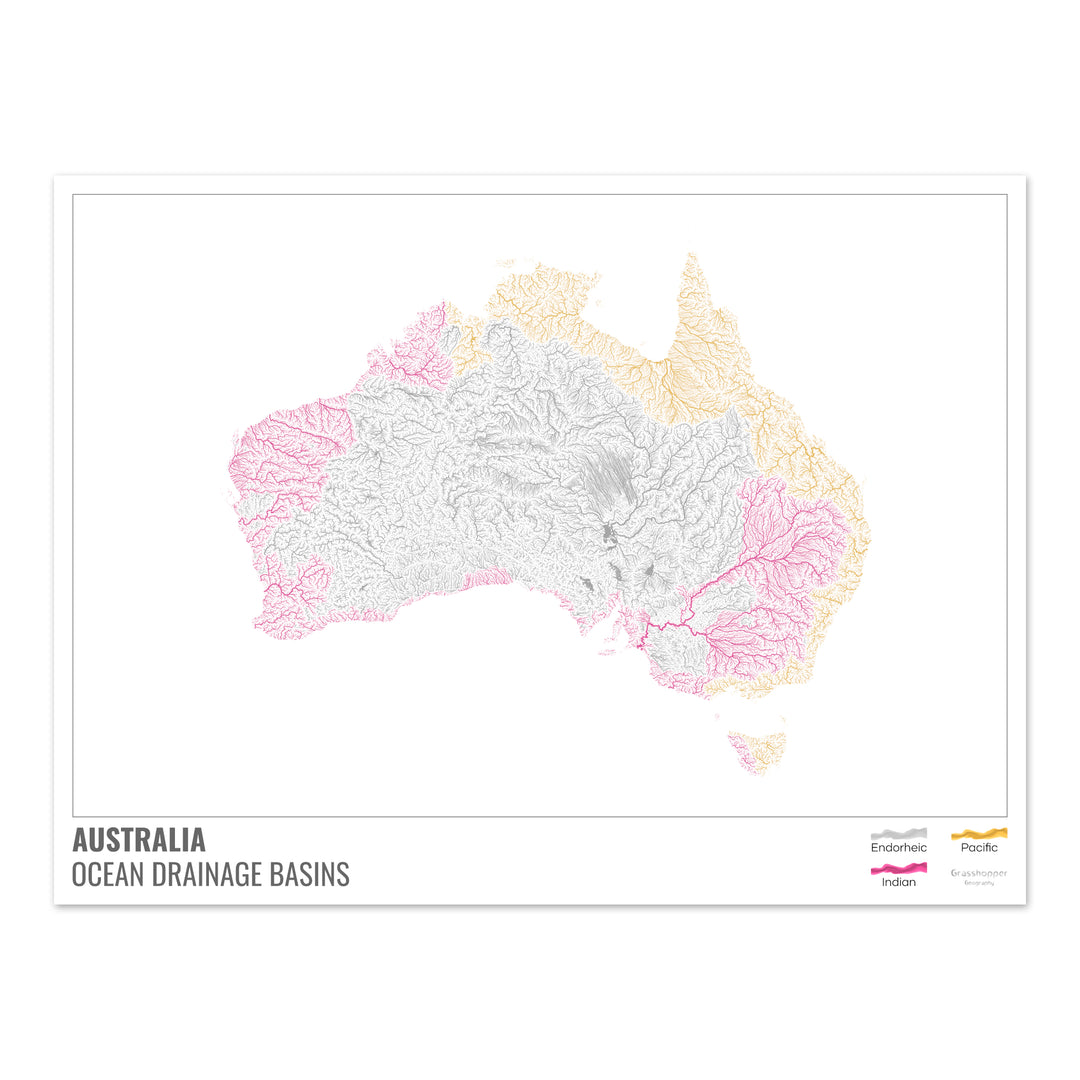 Australie - Carte des bassins hydrographiques océaniques, blanche avec légende v1 - Tirage photo artistique