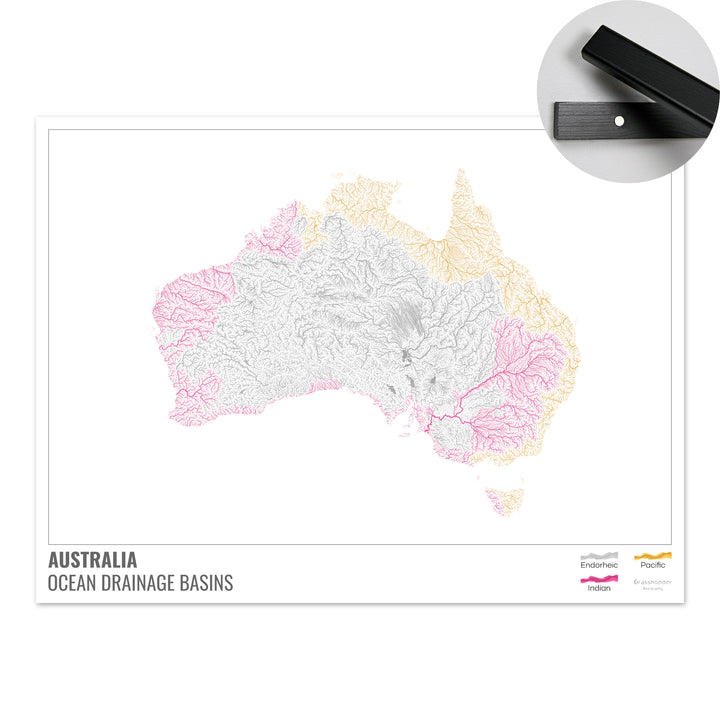 Australie - Carte des bassins hydrographiques océaniques, blanche avec légende v1 - Tirage d'art avec cintre