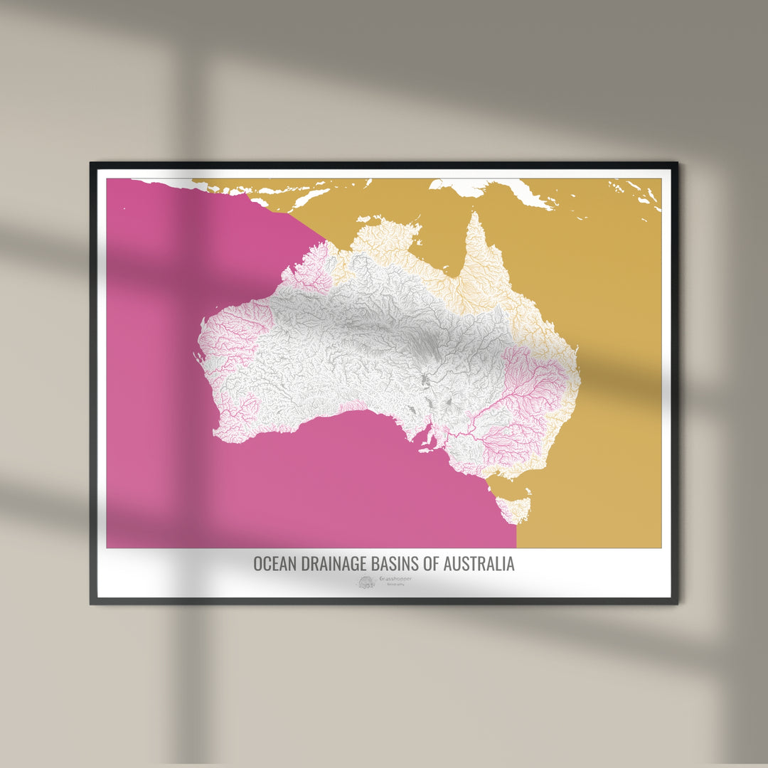 Australia - Mapa de la cuenca hidrográfica del océano, blanco v2 - Impresión de bellas artes