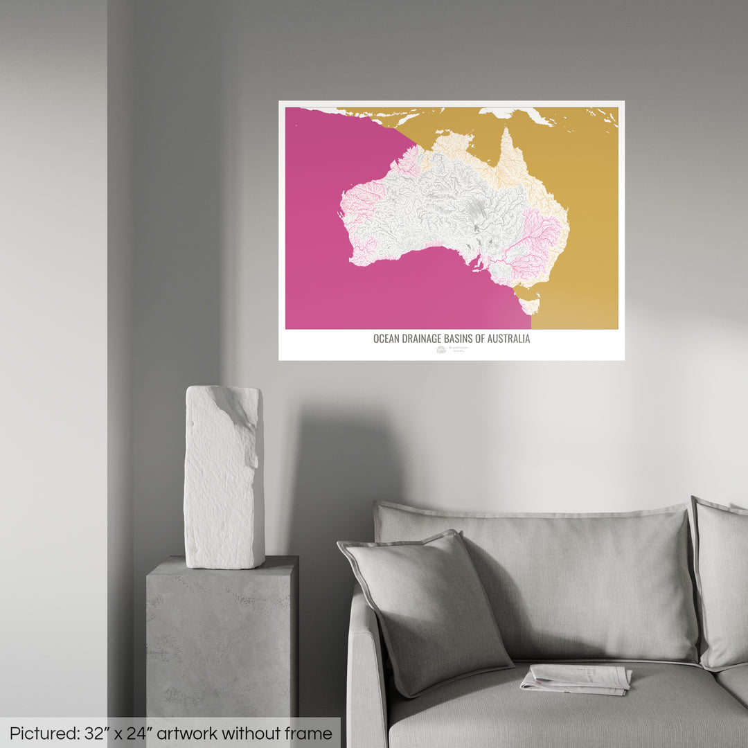 Australia - Mapa de la cuenca hidrográfica del océano, blanco v2 - Impresión de bellas artes