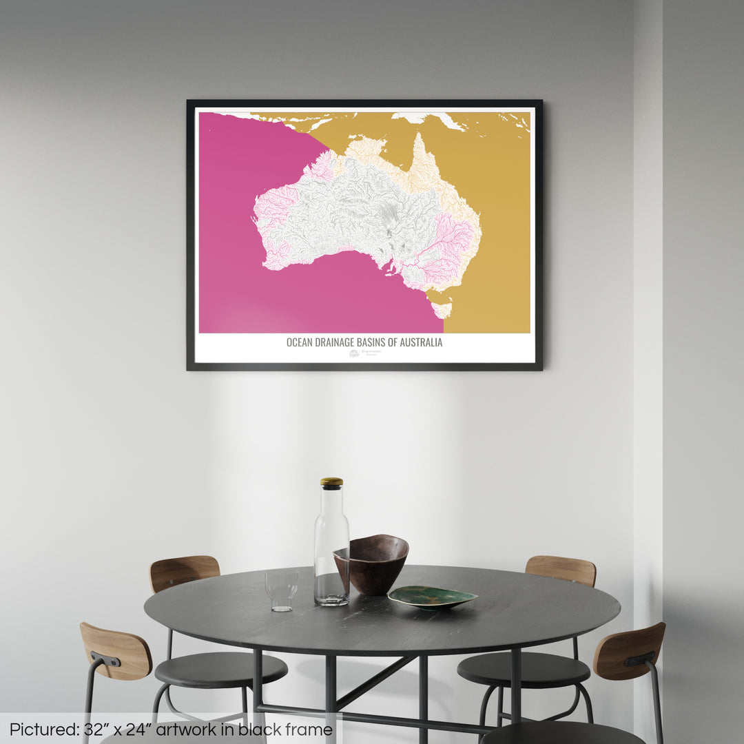 Australie - Carte des bassins hydrographiques océaniques, blanc v2 - Impression encadrée
