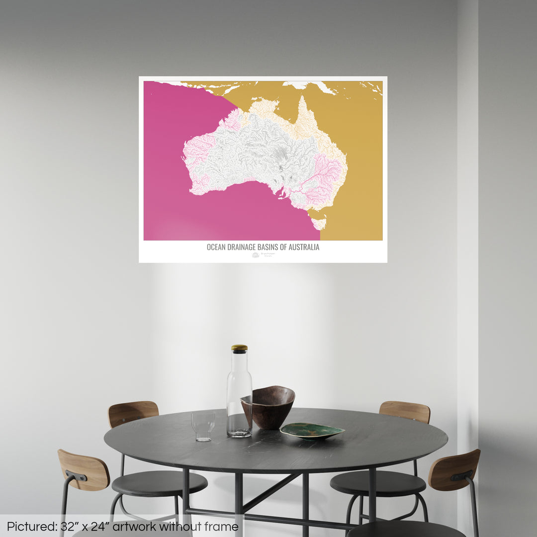 Australie - Carte des bassins hydrographiques océaniques, blanc v2 - Tirage photo artistique