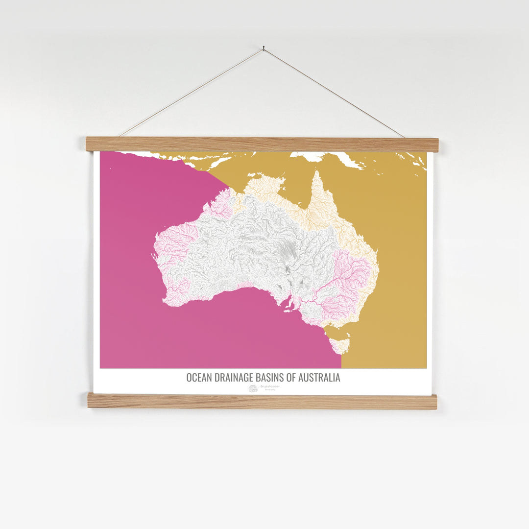 Australie - Carte des bassins versants océaniques, blanc v2 - Tirage d'art avec cintre