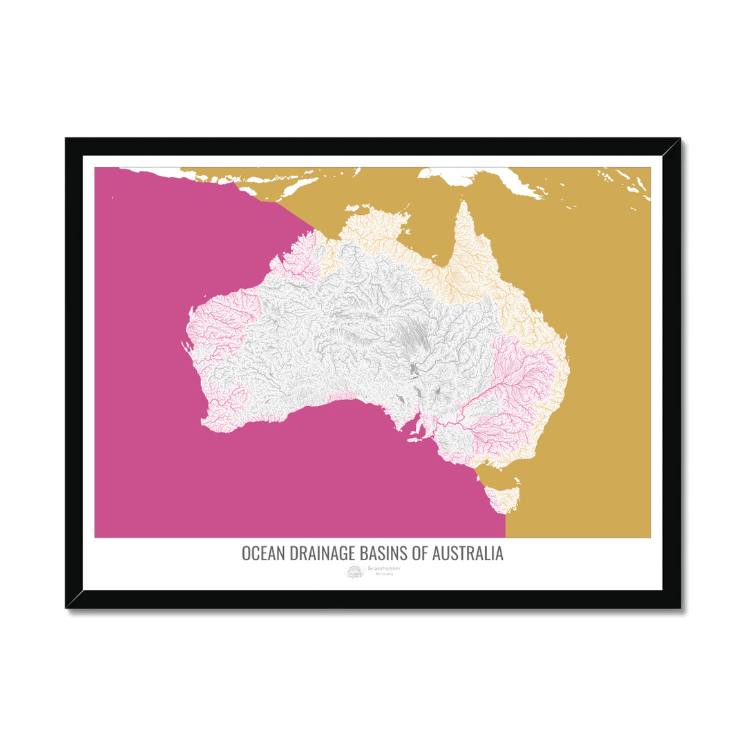 Australia - Mapa de la cuenca de drenaje oceánico, blanco v2 - Lámina enmarcada