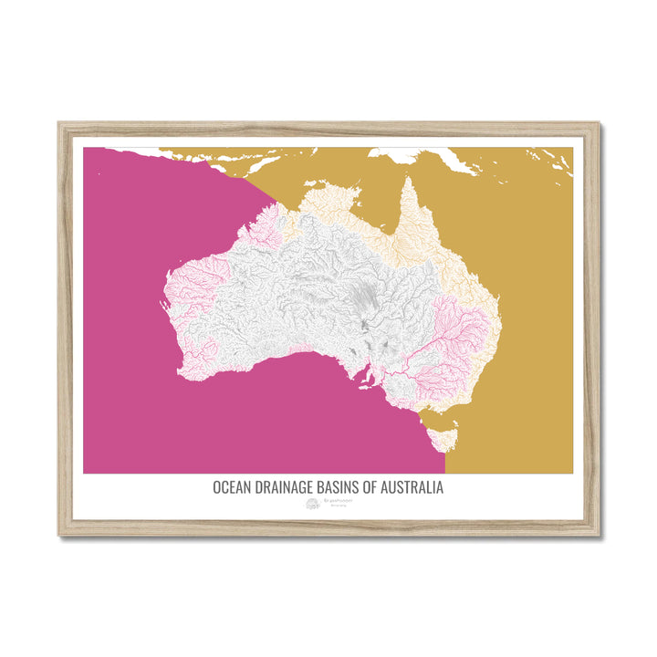 Austrália - Mapa da bacia de drenagem oceânica, branco v2 - Impressão emoldurada