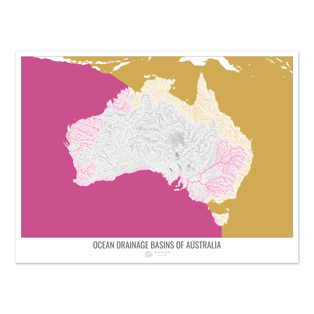 Australia - Mapa de la cuenca hidrográfica del océano, blanco v2 - Impresión de bellas artes