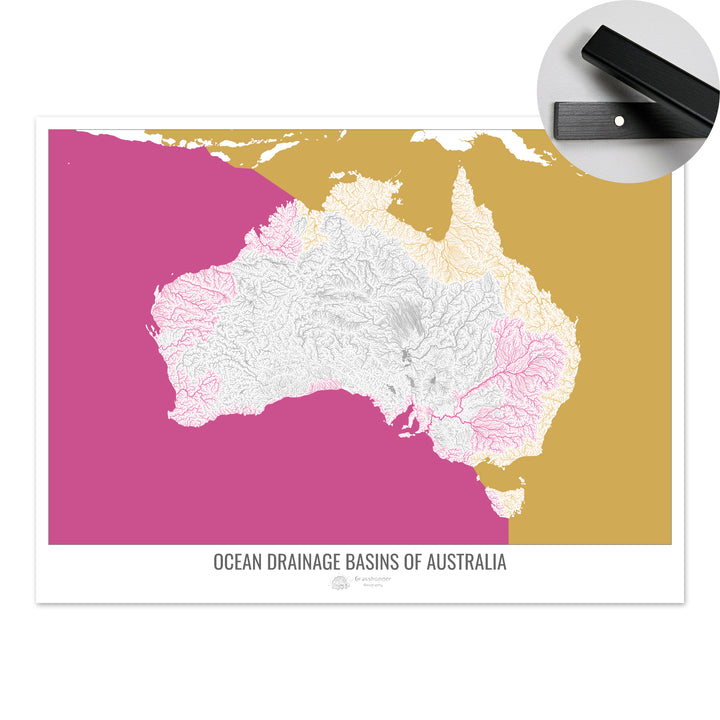 Australie - Carte des bassins versants océaniques, blanc v2 - Tirage d'art avec cintre