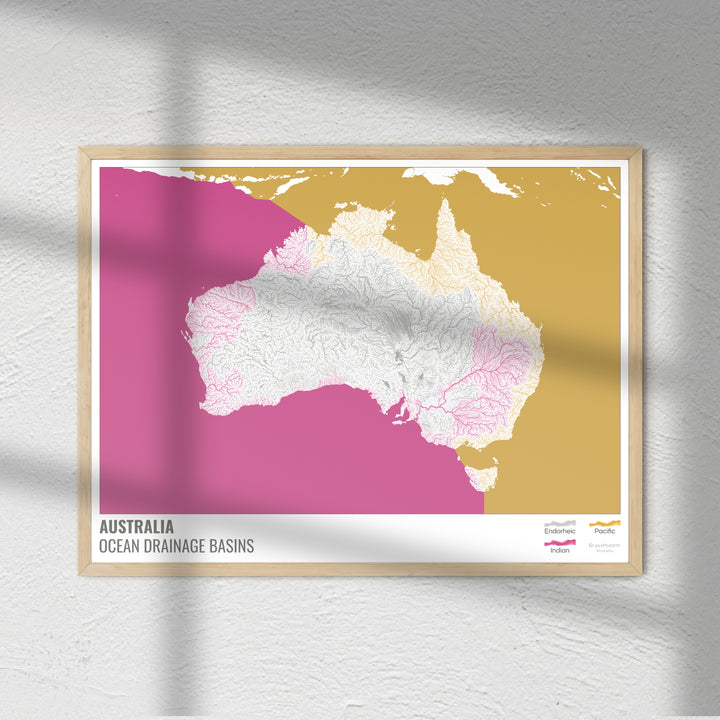 Australia - Mapa de la cuenca hidrográfica del océano, blanco con leyenda v2 - Impresión de bellas artes