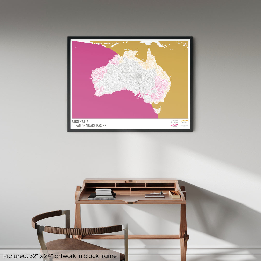 Australia - Mapa de la cuenca hidrográfica del océano, blanco con leyenda v2 - Lámina enmarcada