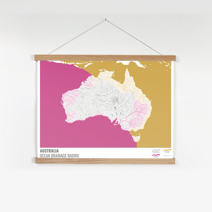 Australia - Mapa de la cuenca hidrográfica del océano, blanco con leyenda v2 - Impresión artística con colgador