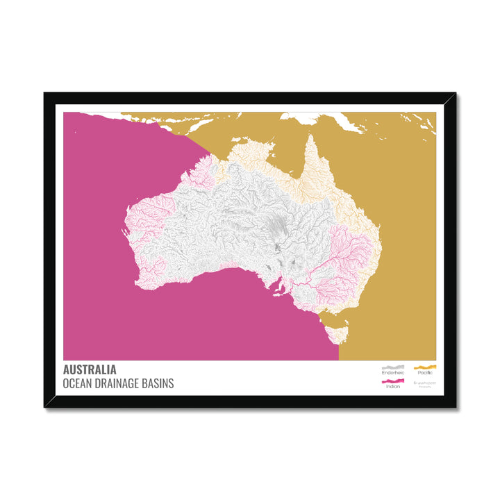 Austrália - Mapa da bacia de drenagem oceânica, branco com legenda v2 - Impressão emoldurada