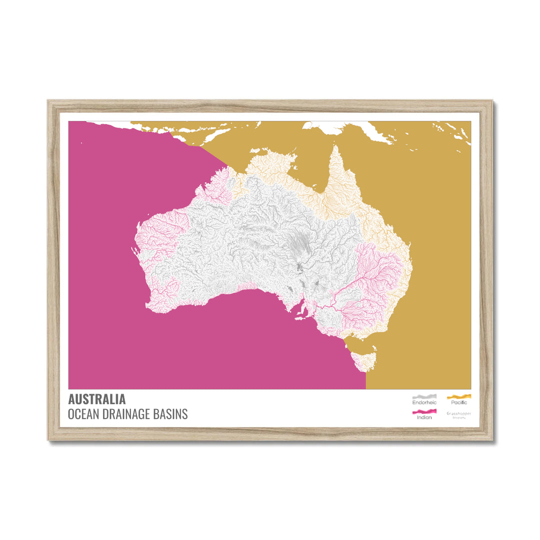 Austrália - Mapa da bacia de drenagem oceânica, branco com legenda v2 - Impressão emoldurada