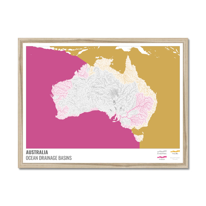 Austrália - Mapa da bacia de drenagem oceânica, branco com legenda v2 - Impressão emoldurada