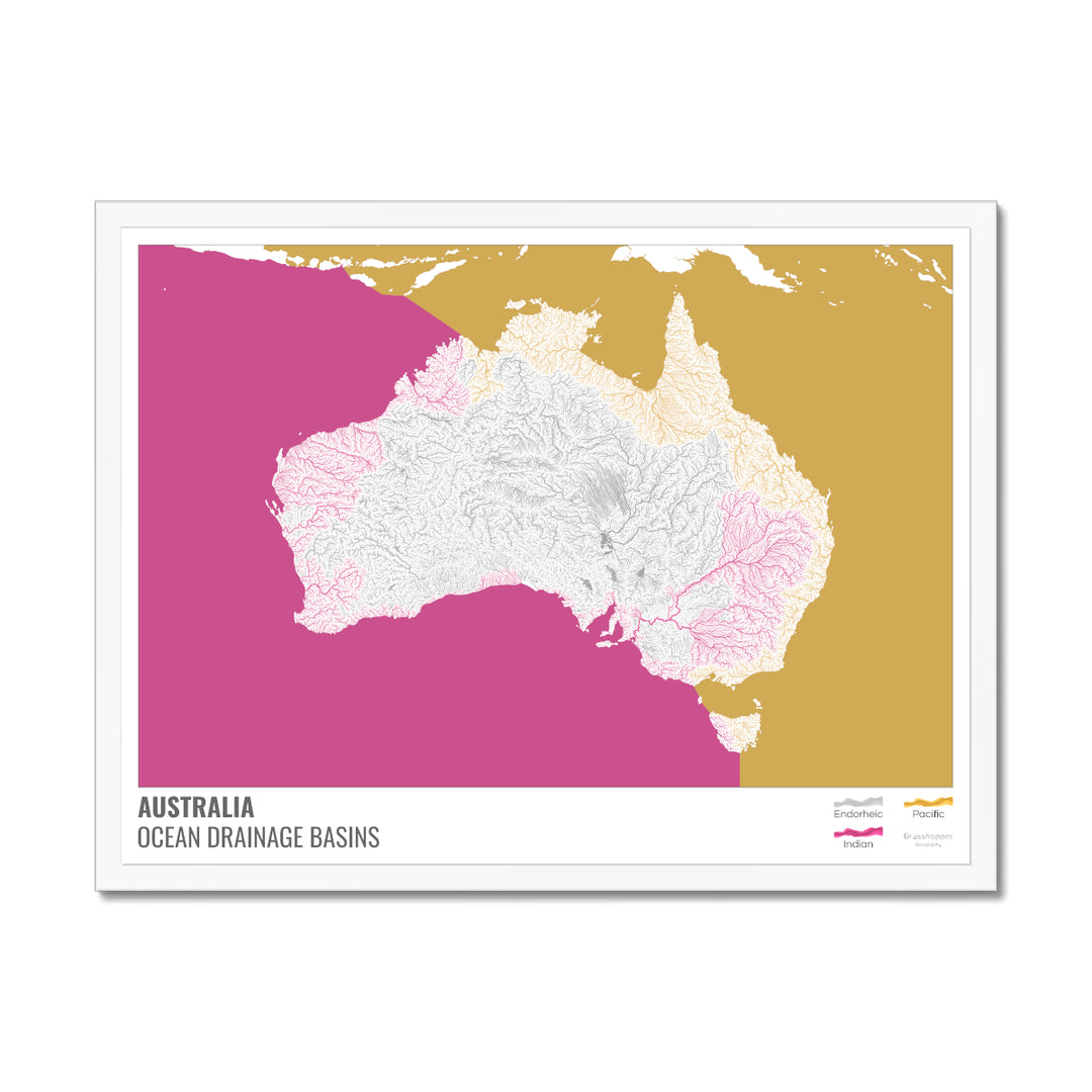 Australia - Ocean drainage basin map, white with legend v2 - Framed Print