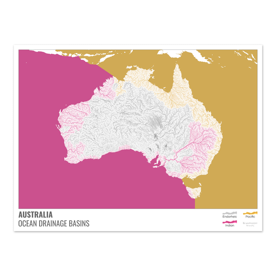 Australia - Mapa de la cuenca hidrográfica del océano, blanco con leyenda v2 - Impresión de bellas artes