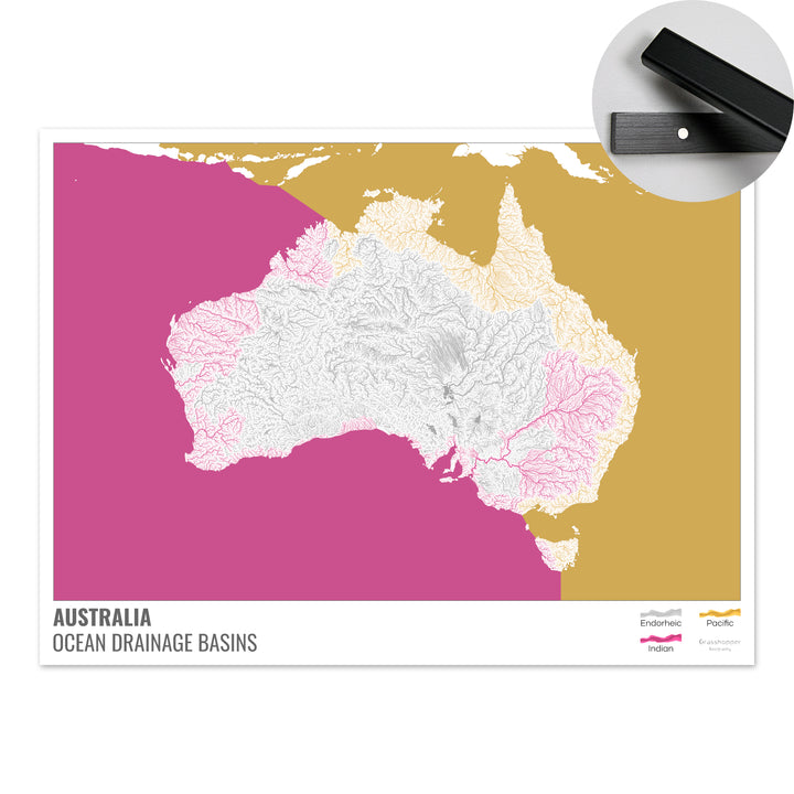 Australie - Carte des bassins hydrographiques océaniques, blanche avec légende v2 - Tirage d'art avec cintre