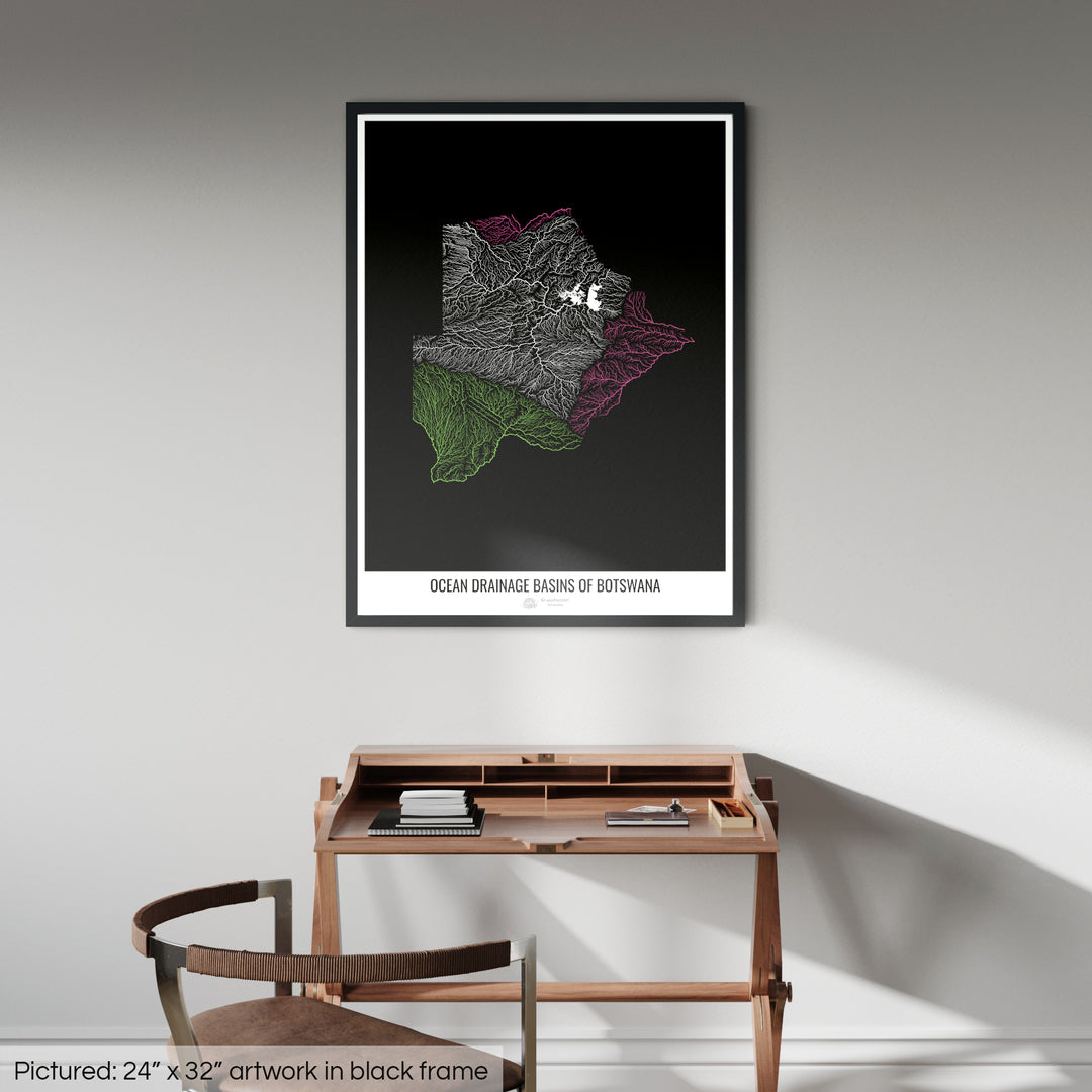 Botswana - Ocean drainage basin map, black v1 - Framed Print