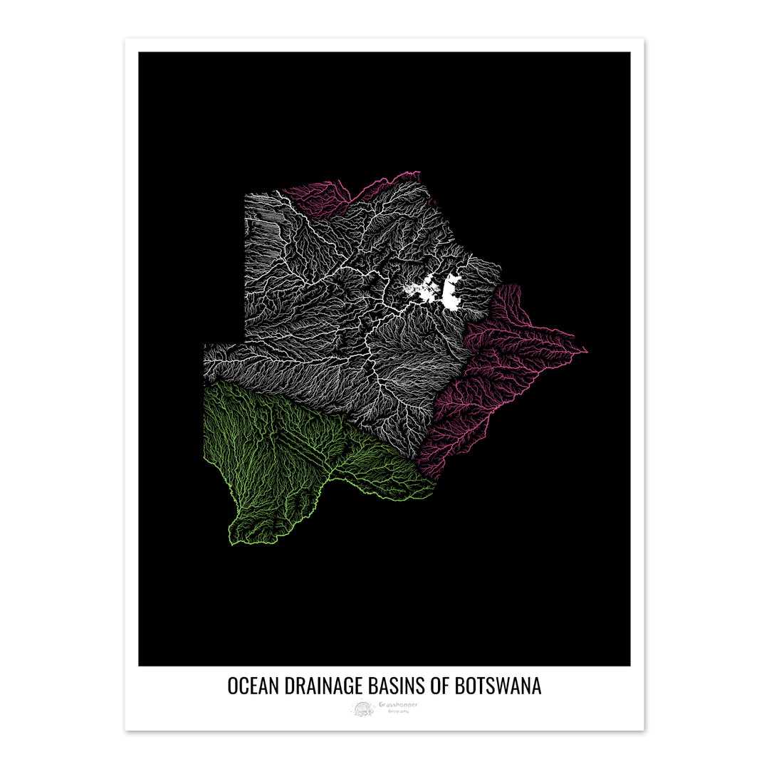Botswana - Ocean drainage basin map, black v1 - Fine Art Print