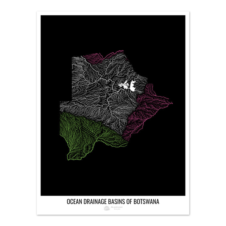 Botswana - Carte des bassins hydrographiques océaniques, noir v1 - Fine Art Print