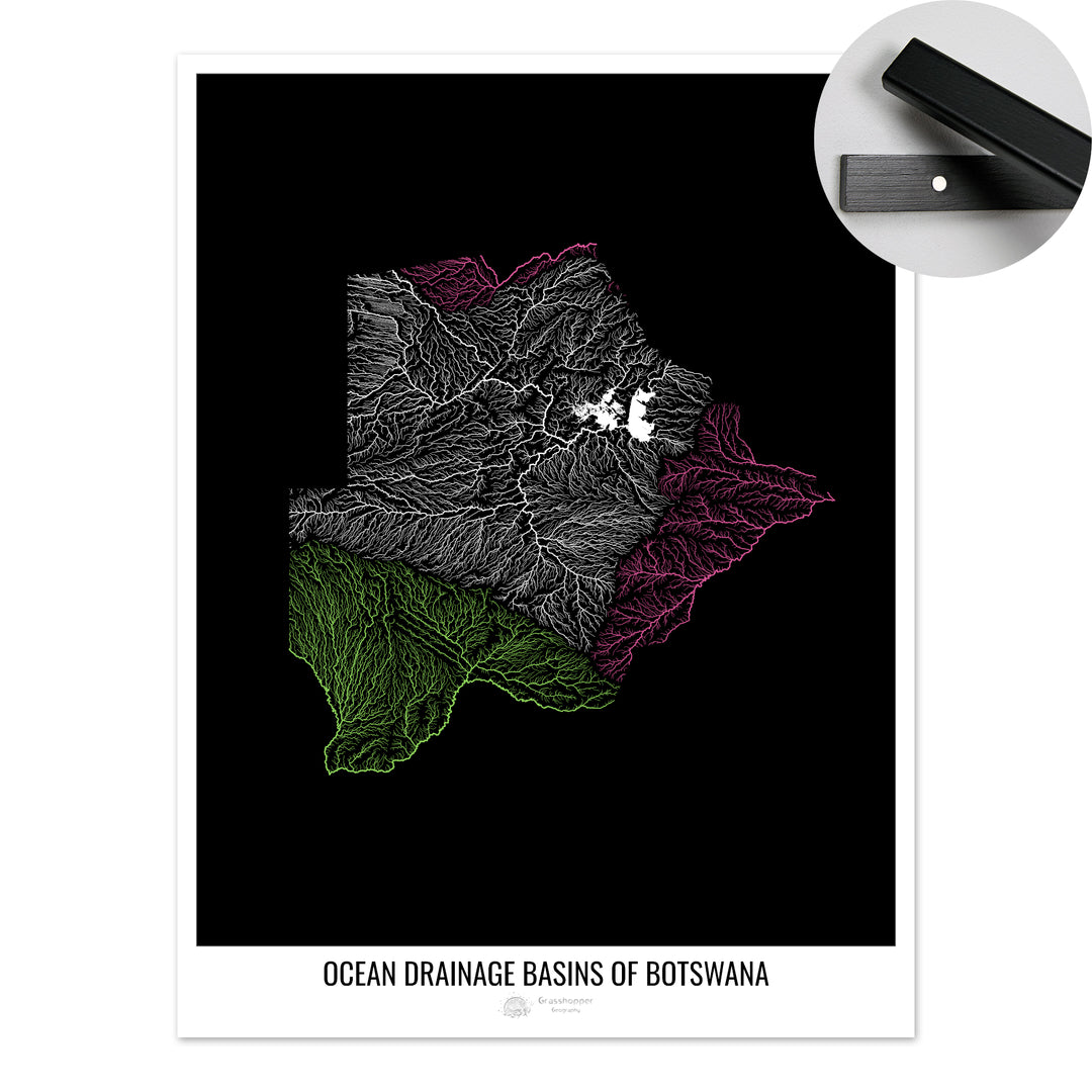 Botswana - Carte du bassin versant océanique, noir v1 - Tirage d'art avec cintre