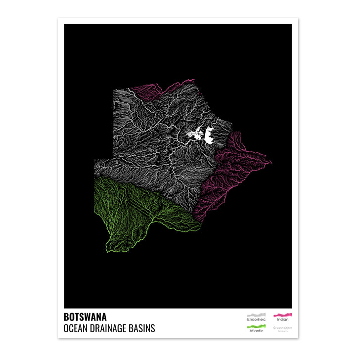 Botswana - Carte des bassins hydrographiques océaniques, noire avec légende v1 - Fine Art Print