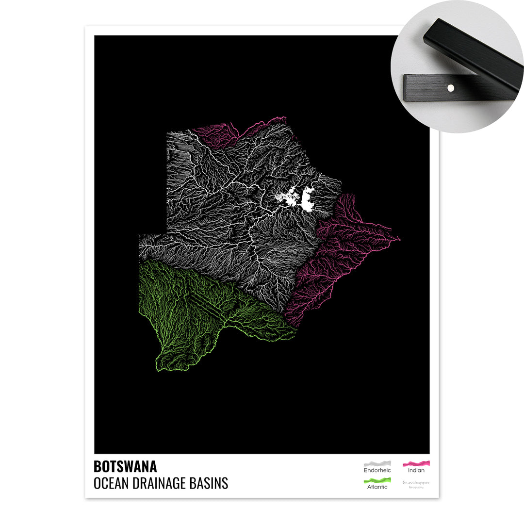 Botswana - Ocean drainage basin map, black with legend v1 - Fine Art Print with Hanger