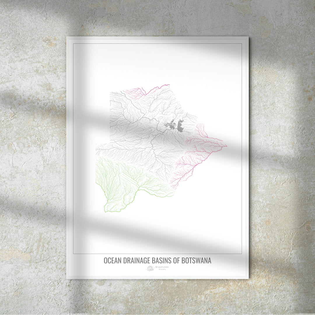 Botswana - Carte des bassins hydrographiques océaniques, blanc v1 - Fine Art Print