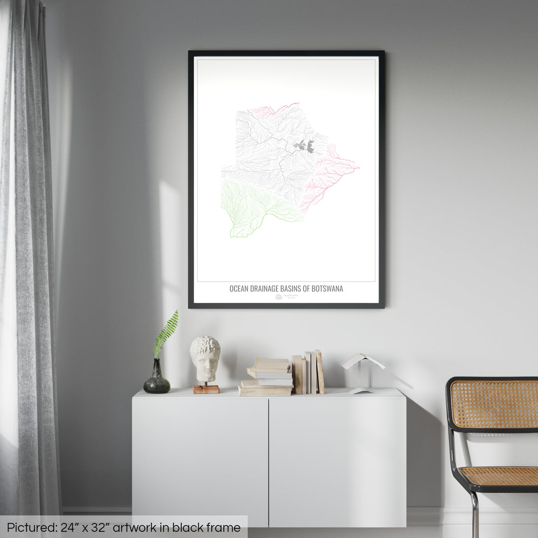 Botswana - Ocean drainage basin map, white v1 - Framed Print