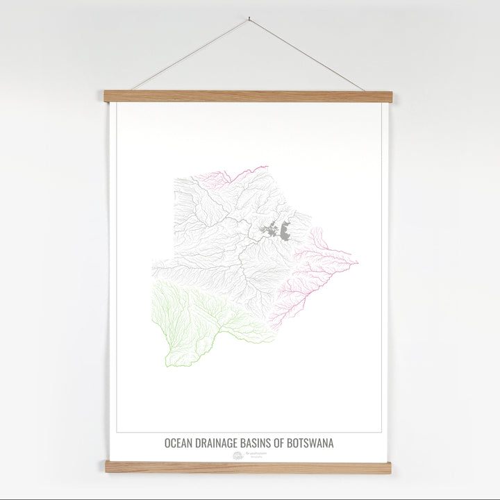 Botswana – Karte des Einzugsgebiets des Ozeans, weiß v1 – Kunstdruck mit Aufhänger