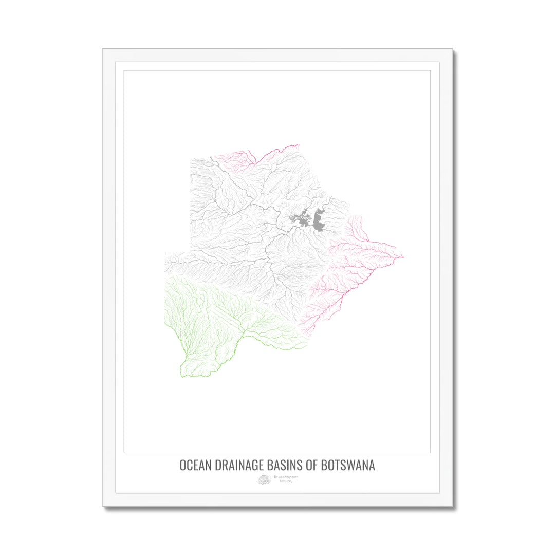 Botswana - Ocean drainage basin map, white v1 - Framed Print