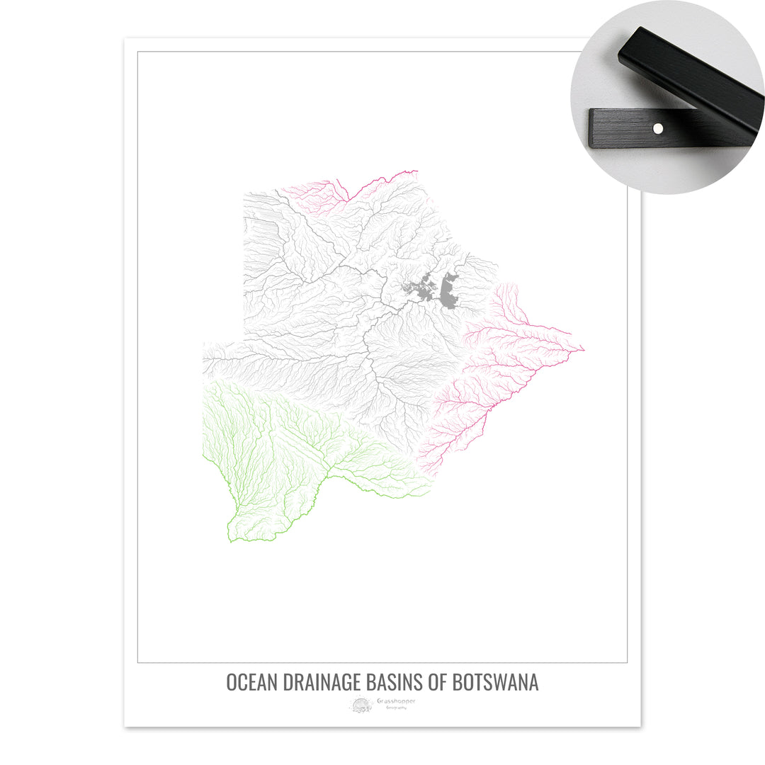 Botswana - Ocean drainage basin map, white v1 - Fine Art Print with Hanger