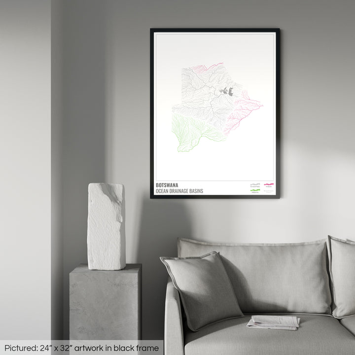 Botswana - Ocean drainage basin map, white with legend v1 - Framed Print