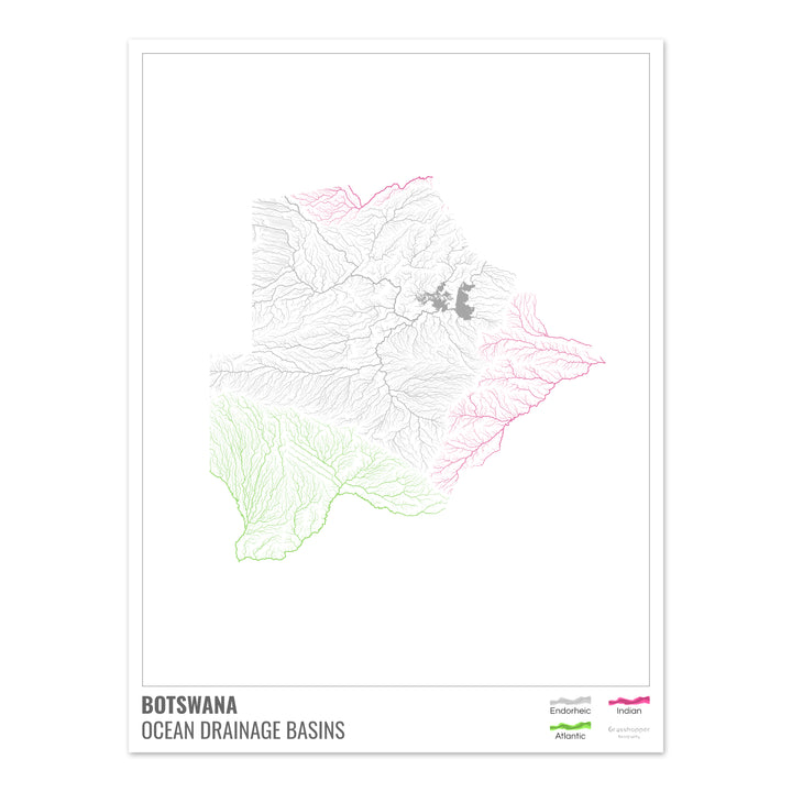 Botswana - Carte des bassins hydrographiques océaniques, blanche avec légende v1 - Fine Art Print