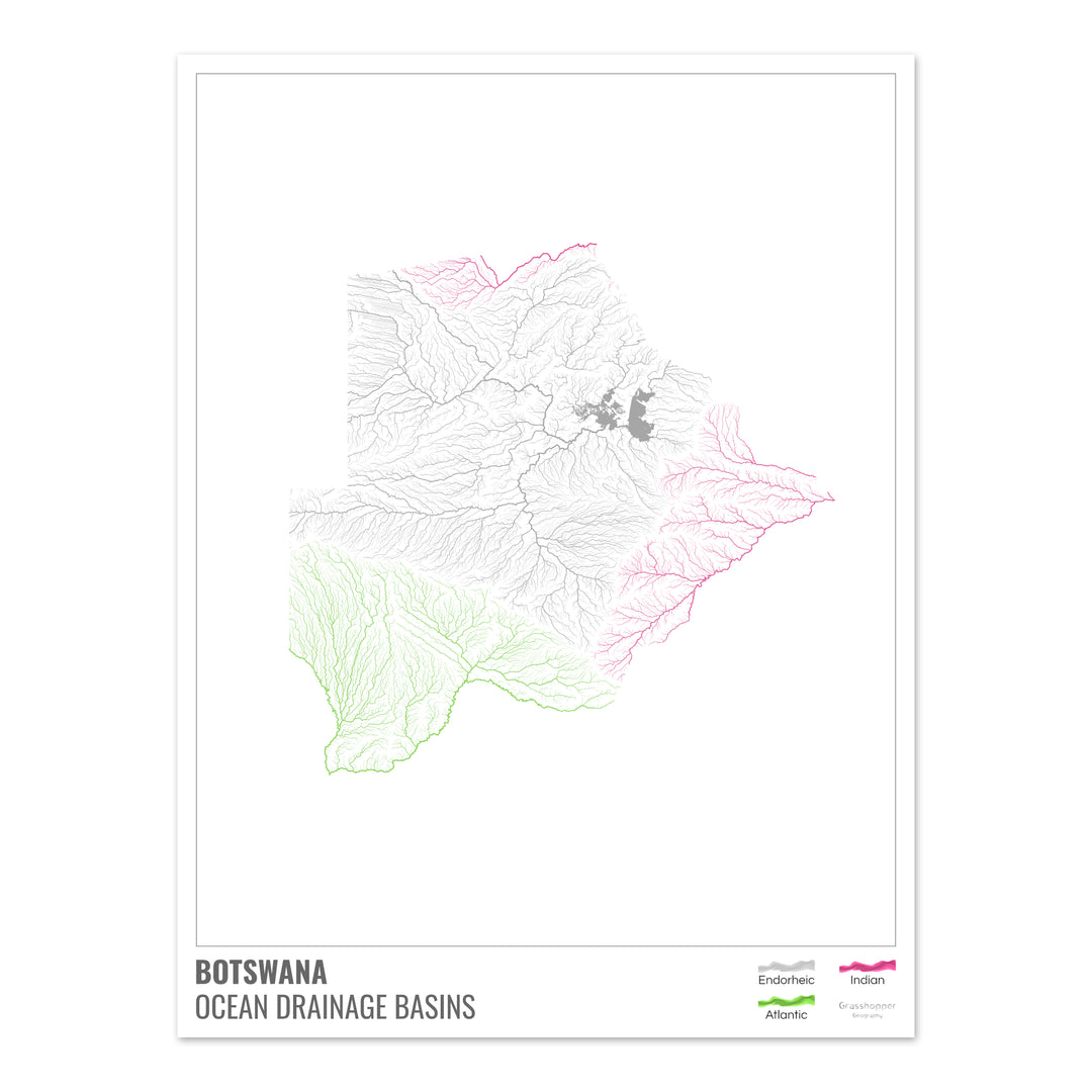 Botswana - Mapa de la cuenca hidrográfica del océano, blanco con leyenda v1 - Impresión fotográfica artística