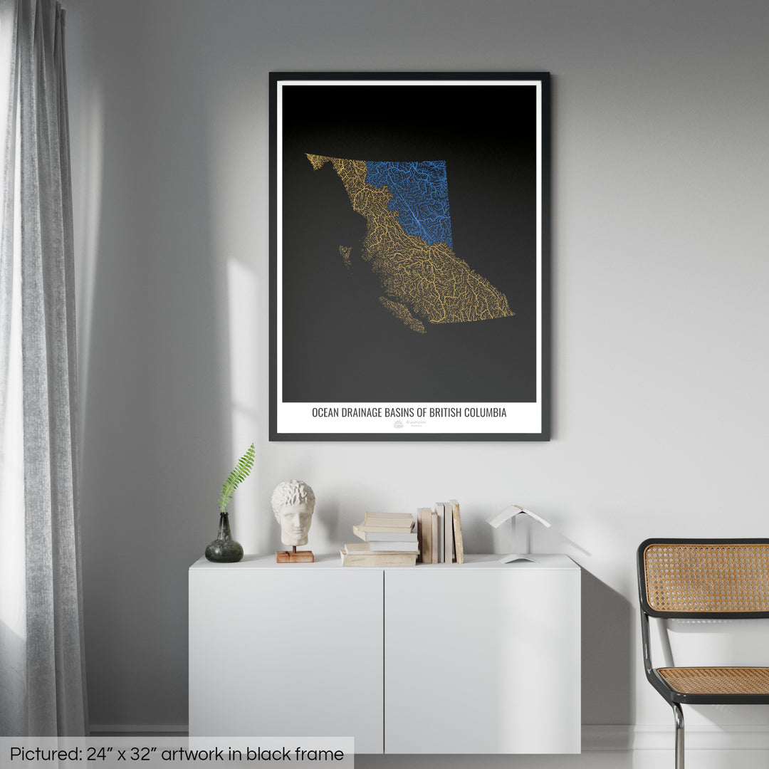 British Columbia - Ocean drainage basin map, black v1 - Framed Print