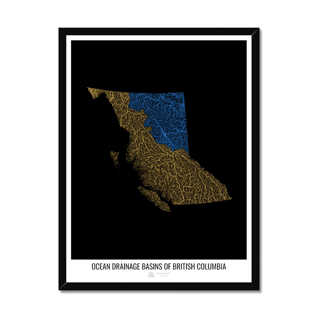British Columbia - Ocean drainage basin map, black v1 - Framed Print