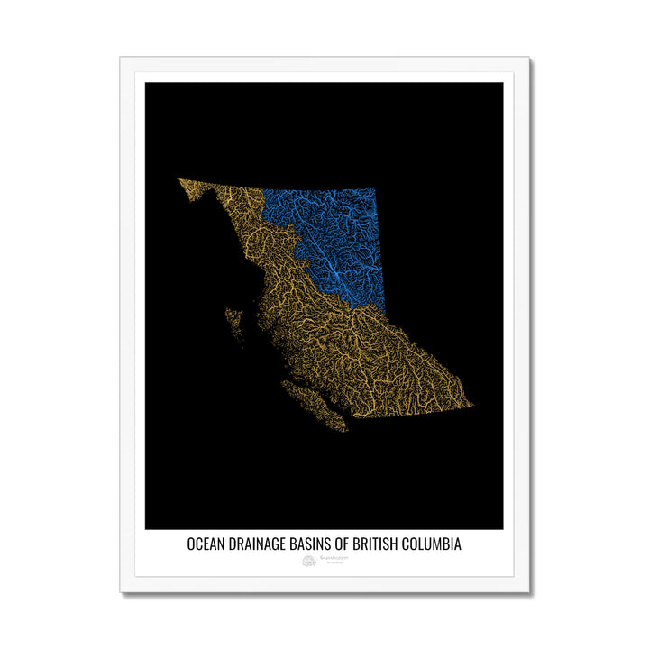 British Columbia - Ocean drainage basin map, black v1 - Framed Print