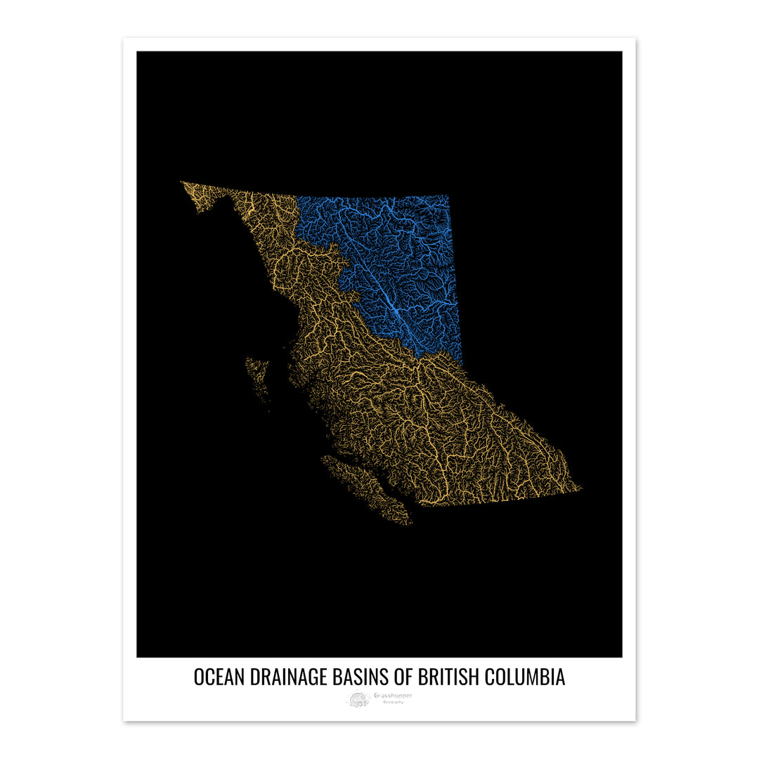 Colombie-Britannique - Carte des bassins hydrographiques océaniques, noir v1 - Tirage d'art