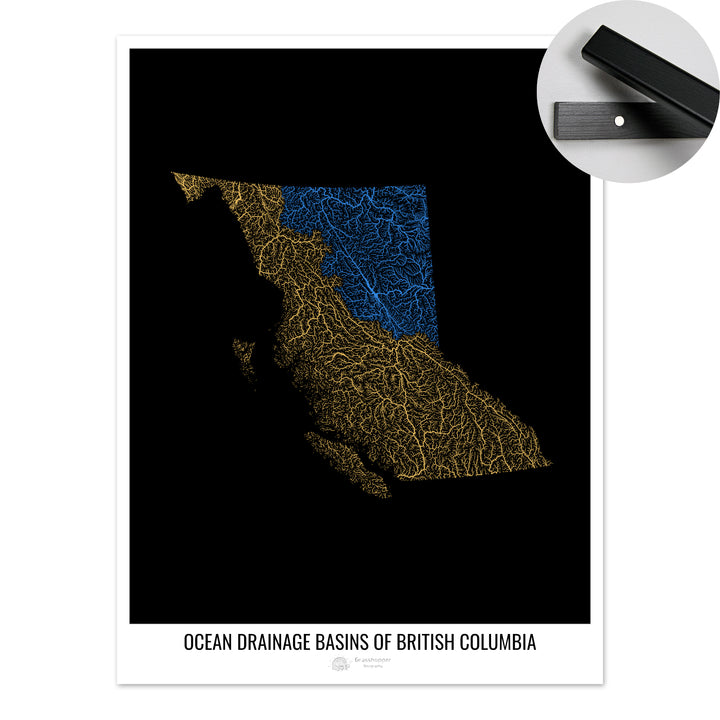 Columbia Británica - Mapa de la cuenca de drenaje oceánico, negro v1 - Impresión artística con percha