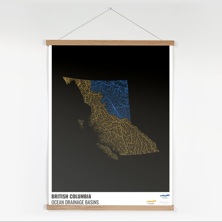 Colombie-Britannique - Carte du bassin versant océanique, noire avec légende v1 - Tirage d'art avec cintre