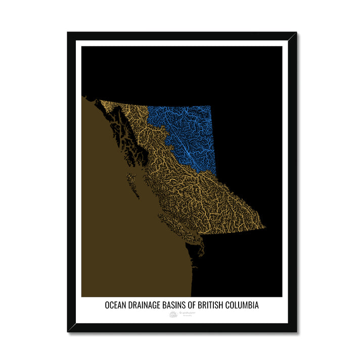 British Columbia - Ocean drainage basin map, black v2 - Framed Print