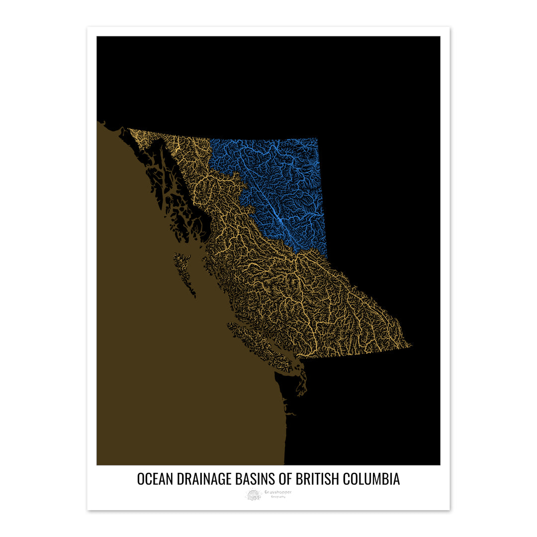 British Columbia - Ocean drainage basin map, black v2 - Photo Art Print