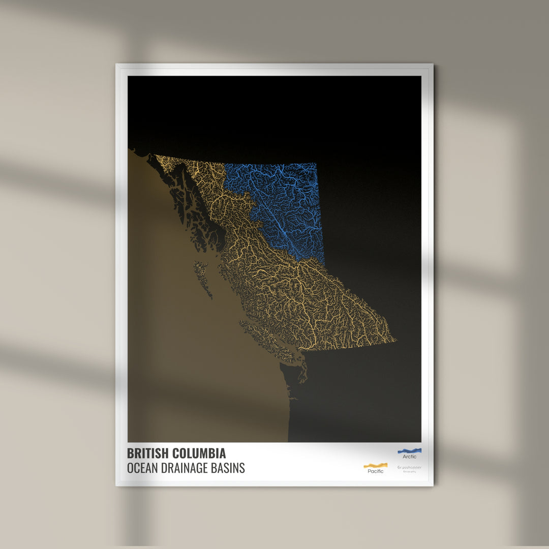 British Columbia – Karte des Einzugsgebiets des Ozeans, schwarz mit Legende v2 – Fine Art Print