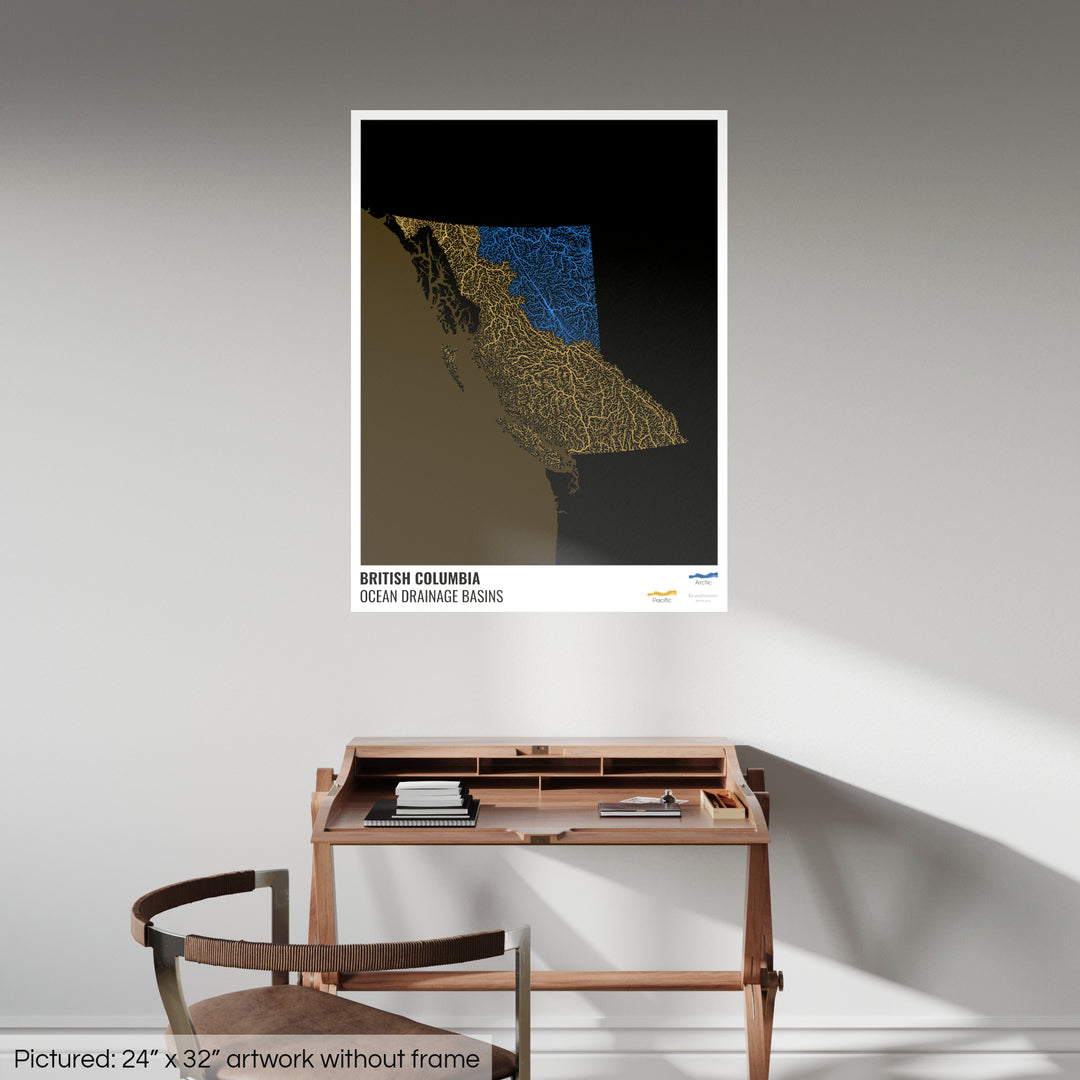 British Columbia – Karte des Einzugsgebiets des Ozeans, schwarz mit Legende v2 – Fine Art Print
