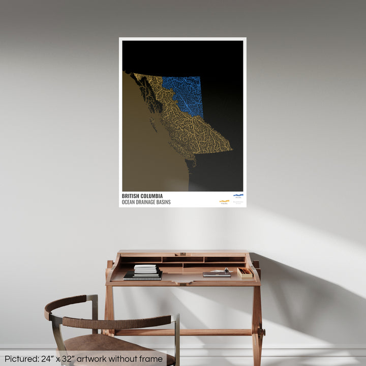 British Columbia – Karte des Einzugsgebiets des Ozeans, schwarz mit Legende v2 – Fine Art Print