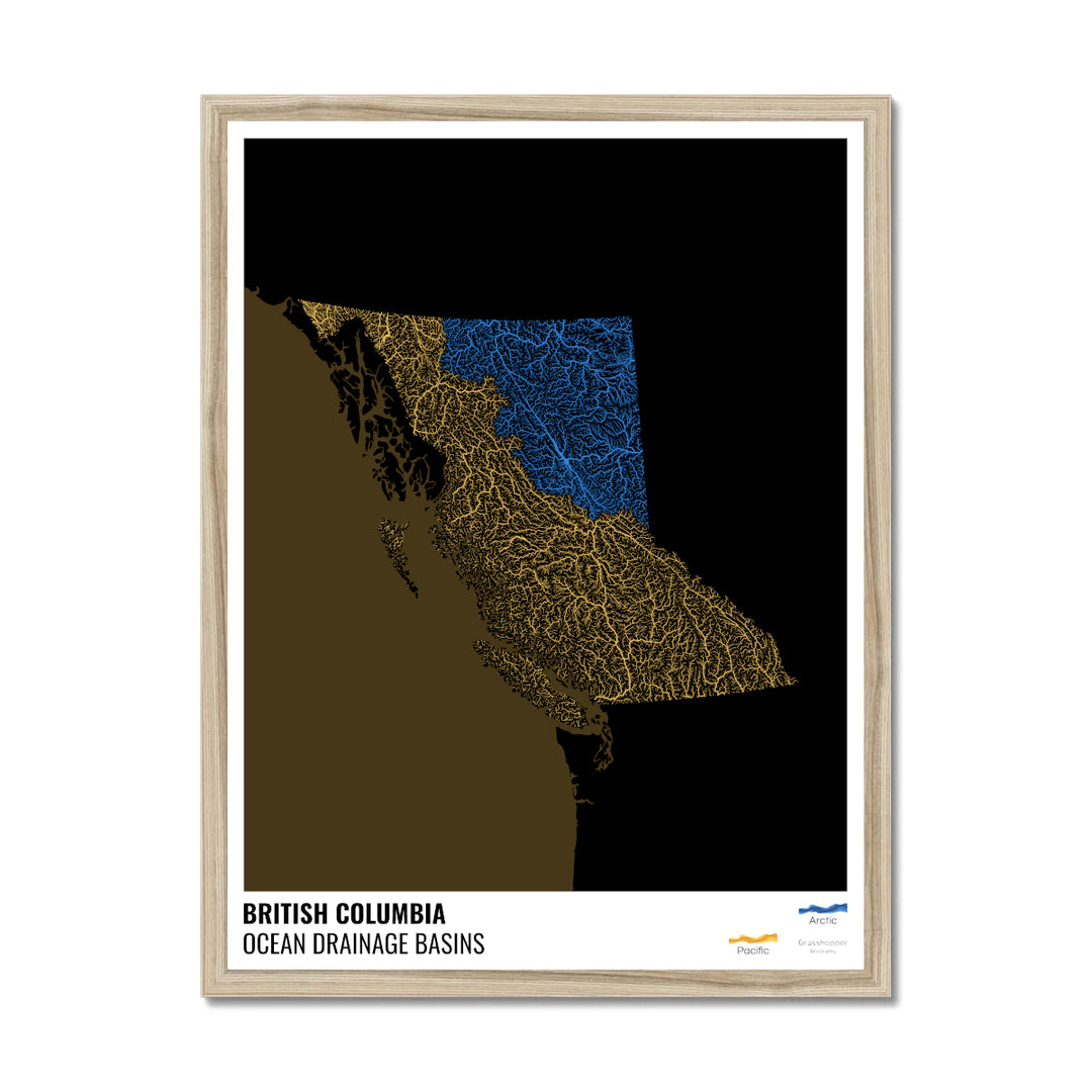 British Columbia - Ocean drainage basin map, black with legend v2 - Framed Print