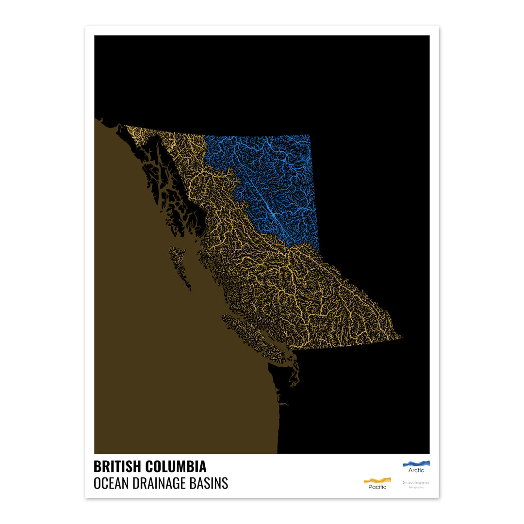 British Columbia – Karte des Einzugsgebiets des Ozeans, schwarz mit Legende v2 – Fine Art Print